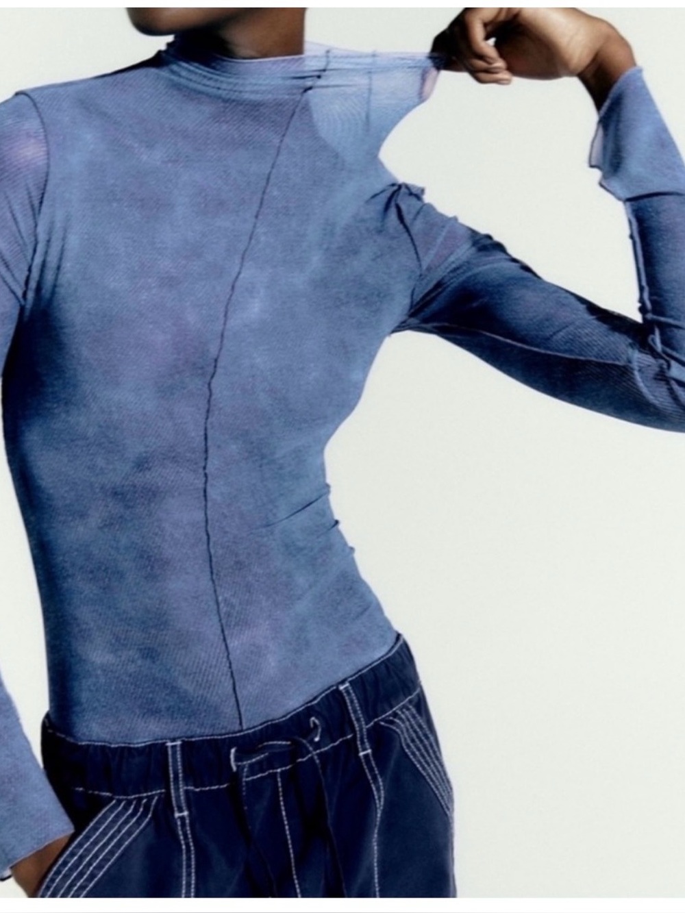 ZARA Tulle Printed Denim Blue Long Sleeve Turtleneck Top